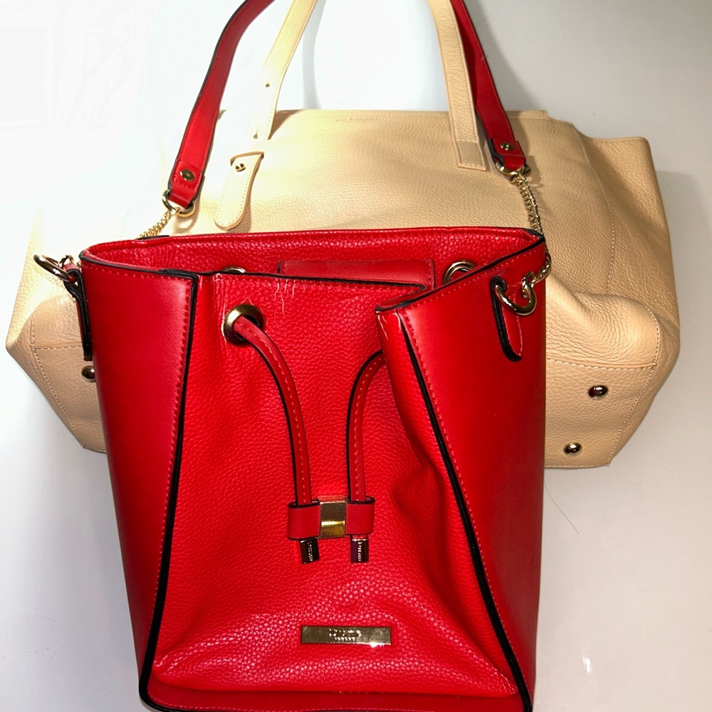 Meli Melo Red Drawstring Bucket Shoulder Bag with Gold Hardware